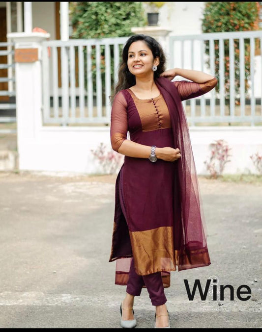 Premium Jacquard Chiffon Wine Kurtis Pant Sets